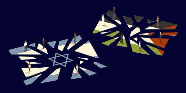 Shattered Palestine and Israel flags illustration